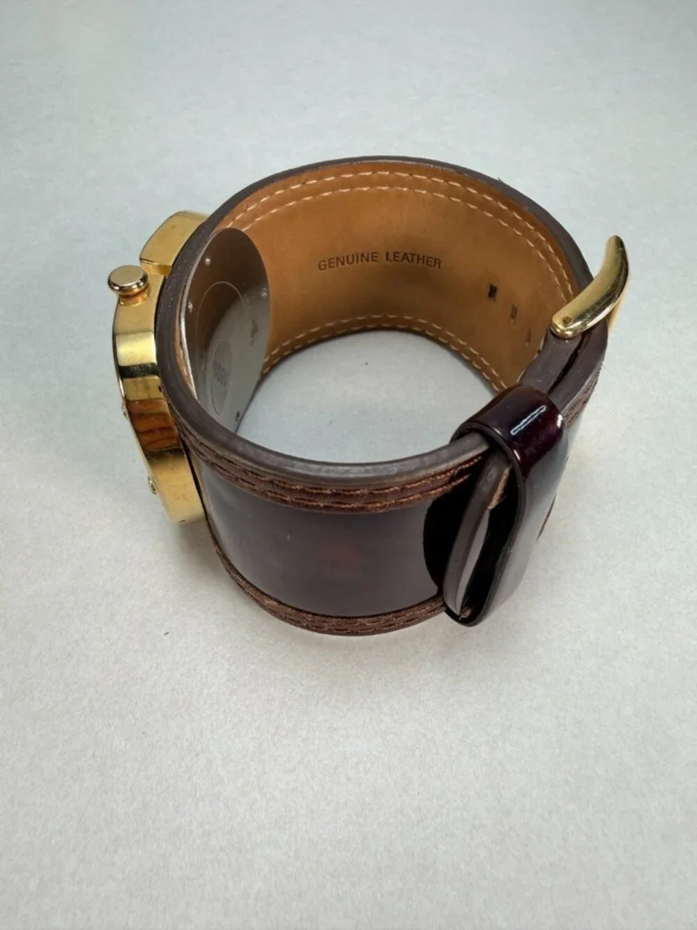 Guess Wide Cuff Watch Brown Leather Gold Tone Statement Watch